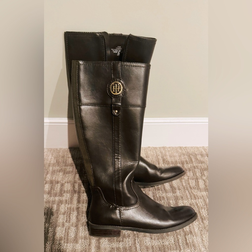 Leather Tommy Hilfiger Knee-high boots, brown with gold accent, 9.5 M
